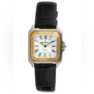 Peugeot two tone tank style watch with black leather band